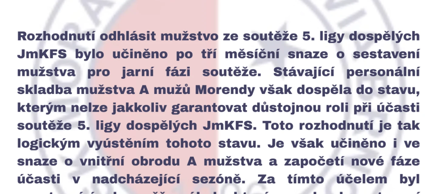 Mužstvo A mužů odstupuje z 5. ligy dospělých JmKFS